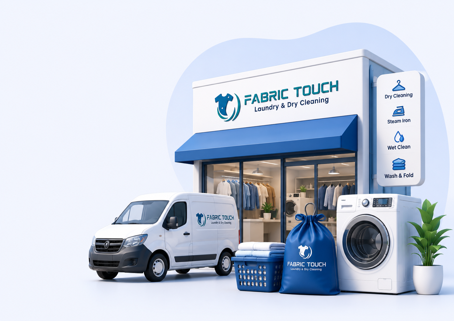 Fabric Touch storefront with delivery van, washing machine and laundry pickup bag