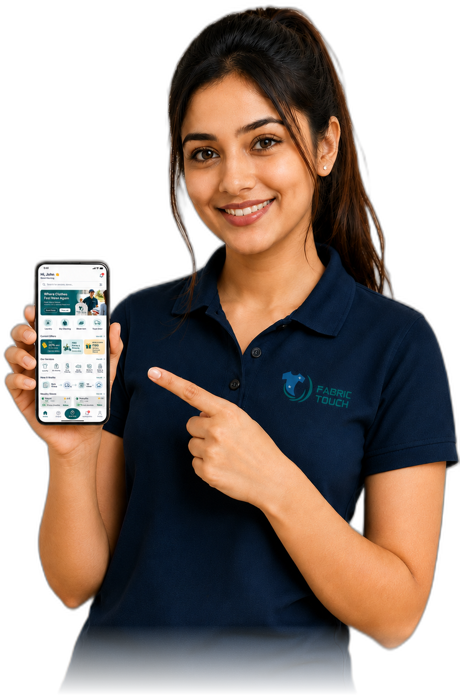 Fabric Touch team member showing the booking flow on her phone